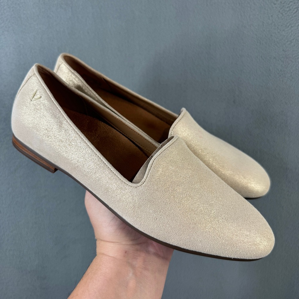 Vionic Willa Flat Loafer Champagne Gold Metallic Suede Pointed Toe Shoes 8.5W